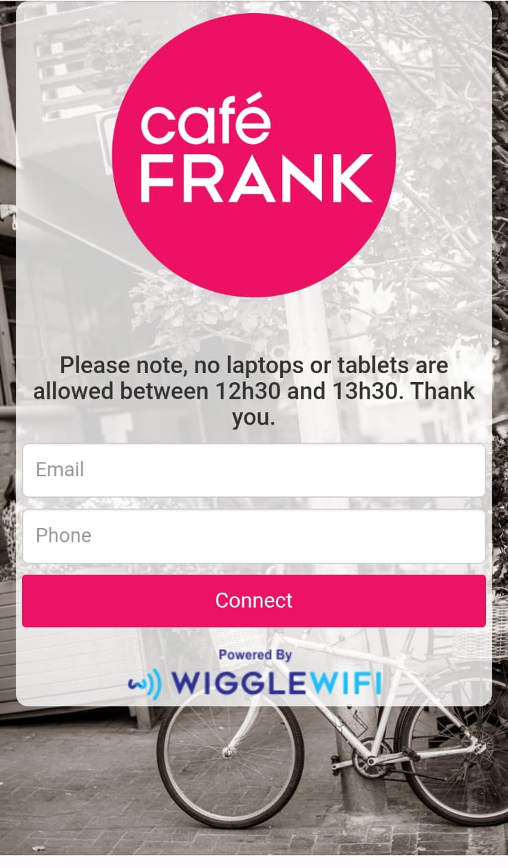 Guest WiFi splash page for Café Frank