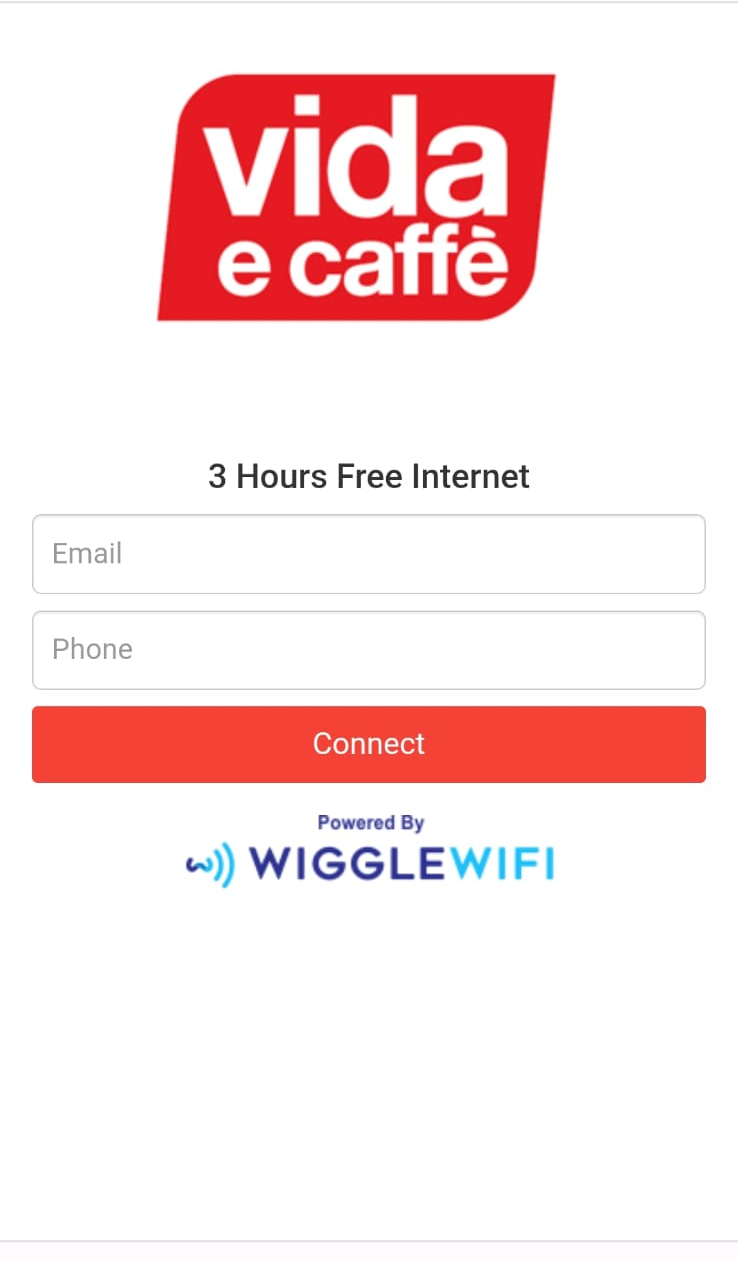 Guest WiFi splash page for Vida e Caffè